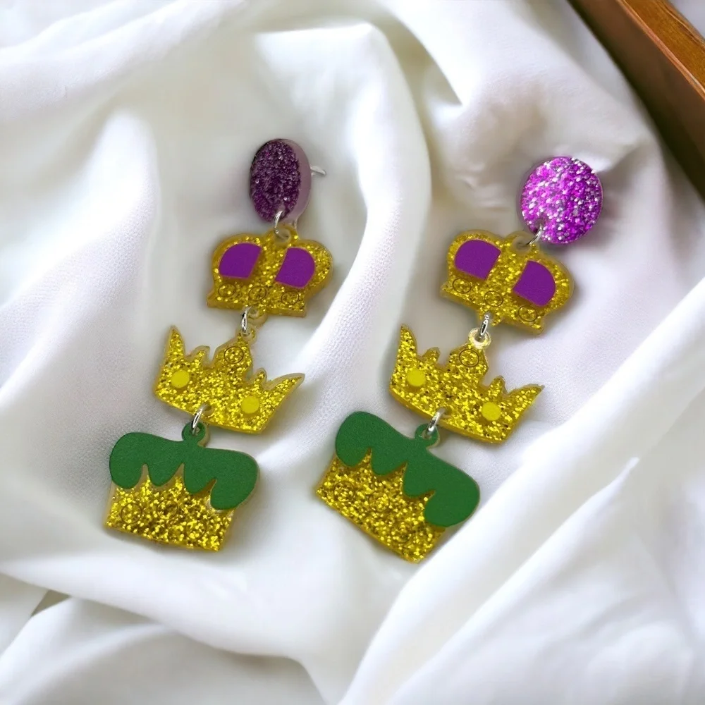 Mardi Gras Crown Dangle Earrings – Celebrate Like Royalty! NWT